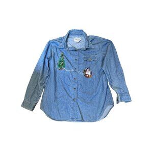 Vintage Christmas Denim Button Down Shirt Embroidered long Sleeve, Size L